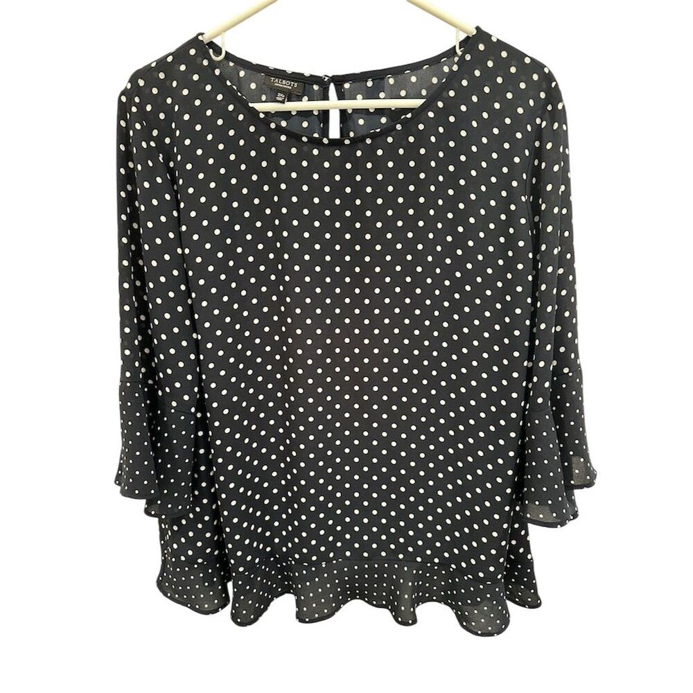Talbots Women's Petite Navy Polka Dot Blouse 3/4 Ruffle Sleeve 2XP